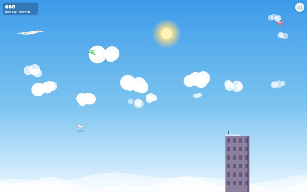 Ett litet pappersflygplan glider mellan moln under en blå himmel med en sol, en fågel och en skyskrapa nedanför.