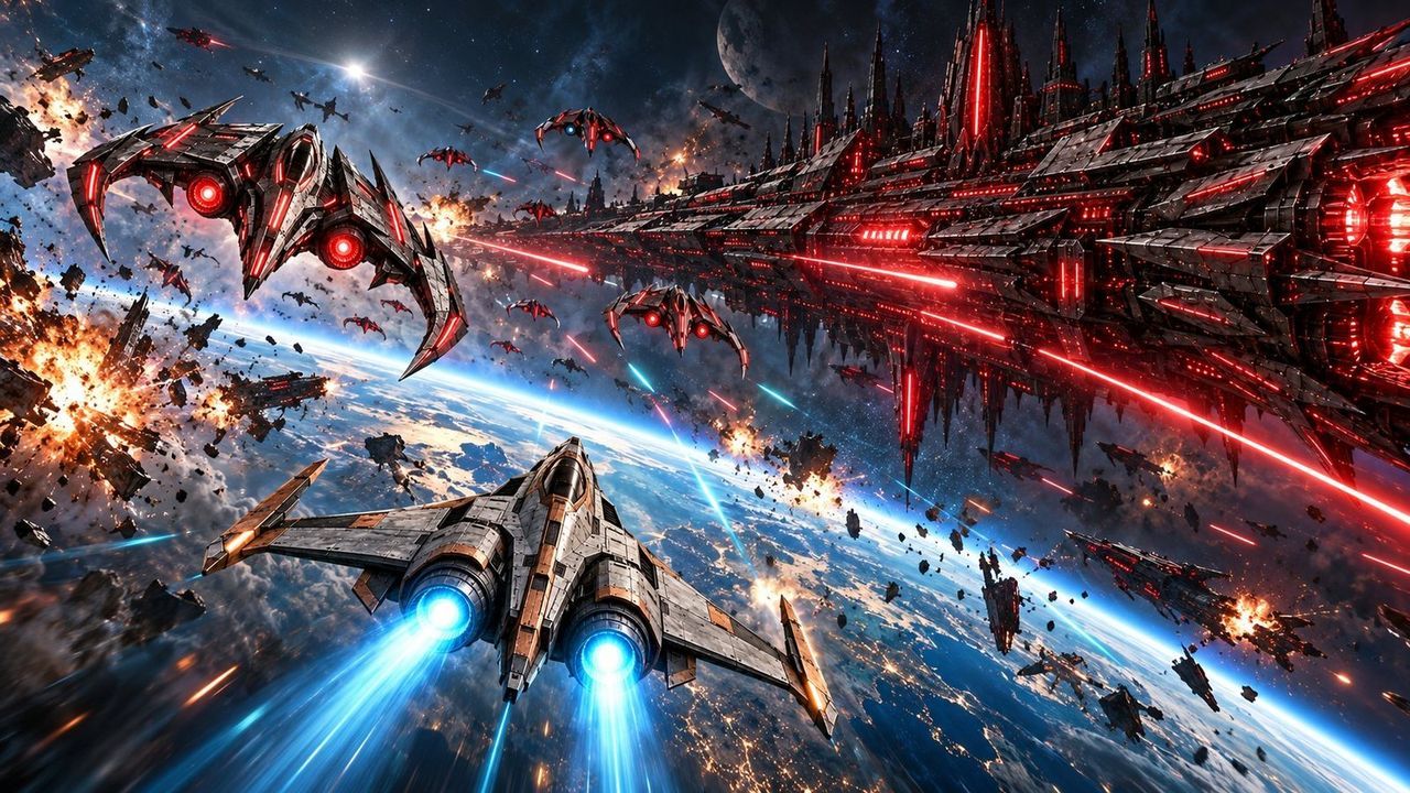 A grey and copper fighter with blue engines flies into a space battle above a blue planet, towards a huge dark warship with red lights, enemy fighters and burning debris.