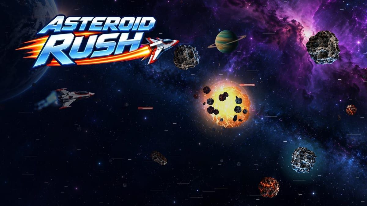 Logotypen Asteroid Rush i blått och orange över ett rymdskepp, en brinnande stjärna och asteroider i en lila nebulosa.