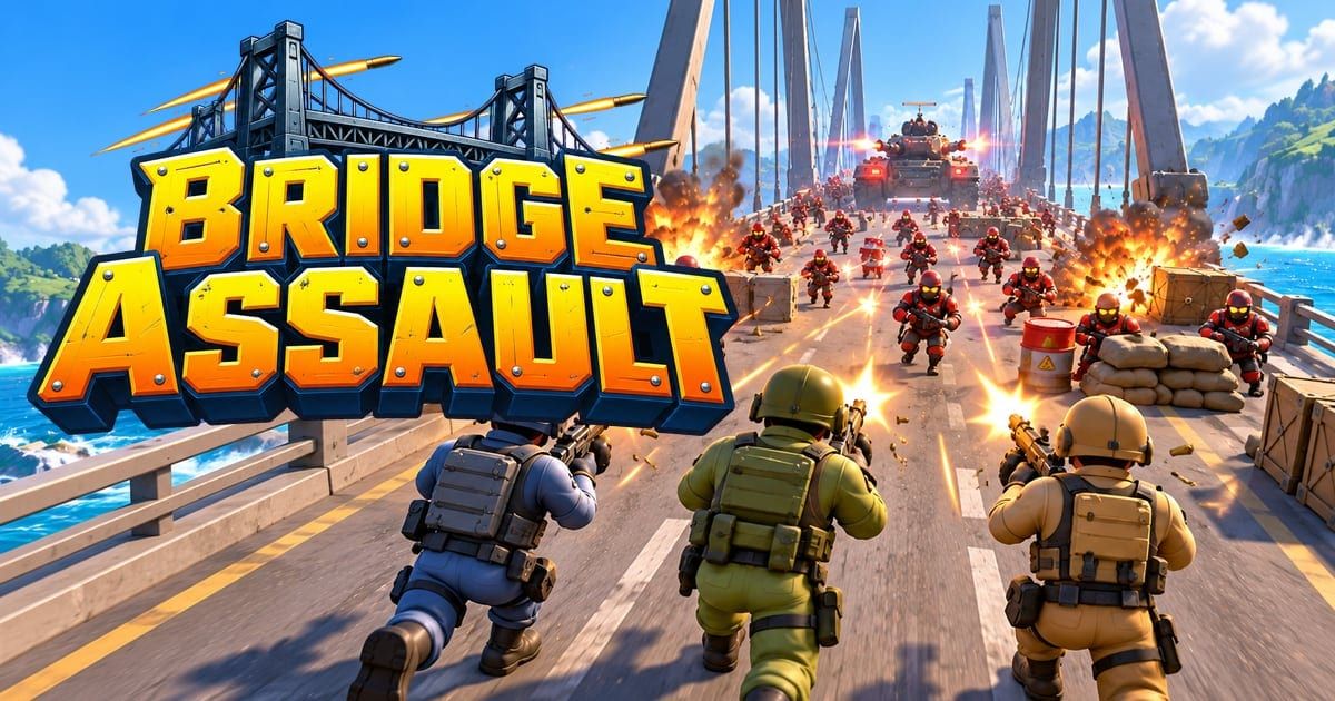 Logotypen Bridge Assault framför soldater som stormar över en hängbro mot fiender, explosioner och en pansarvagn.