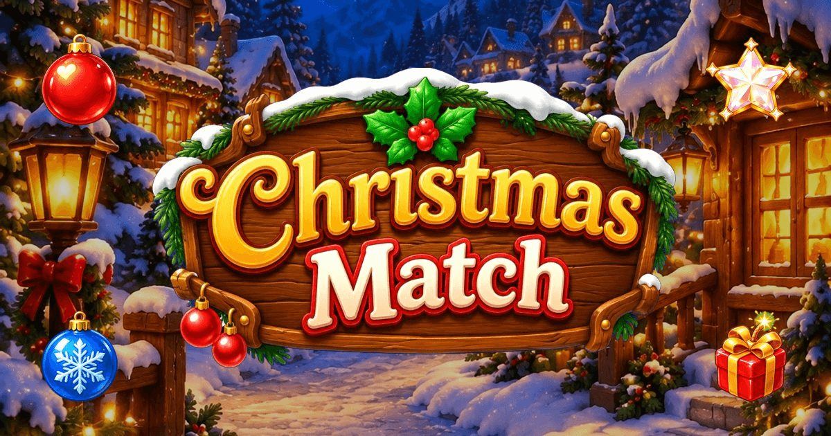 The Christmas Match logo on a snowy wooden sign in front of a Christmas village at night, with a red and a blue glass ornament, a crystal star and a wrapped present in the corners.