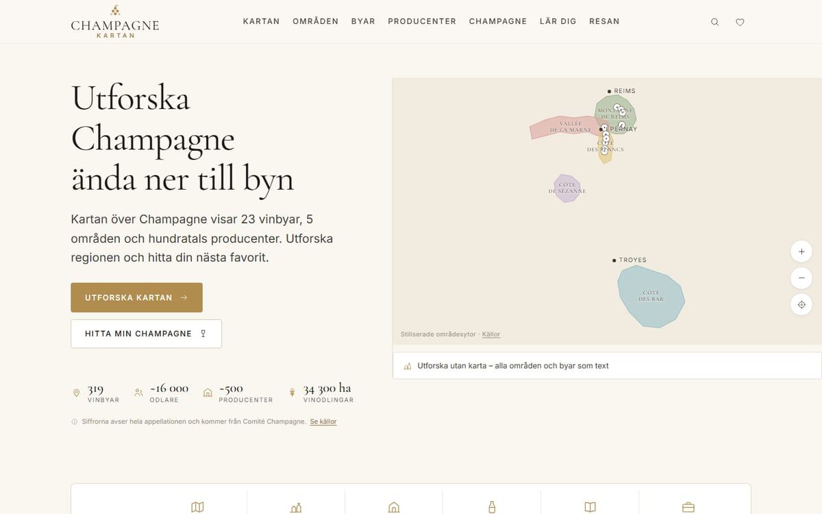 Startsidan med rubriken "Utforska Champagne ända ner till byn" bredvid en karta där fem områden ligger färgade mellan Reims och Troyes.