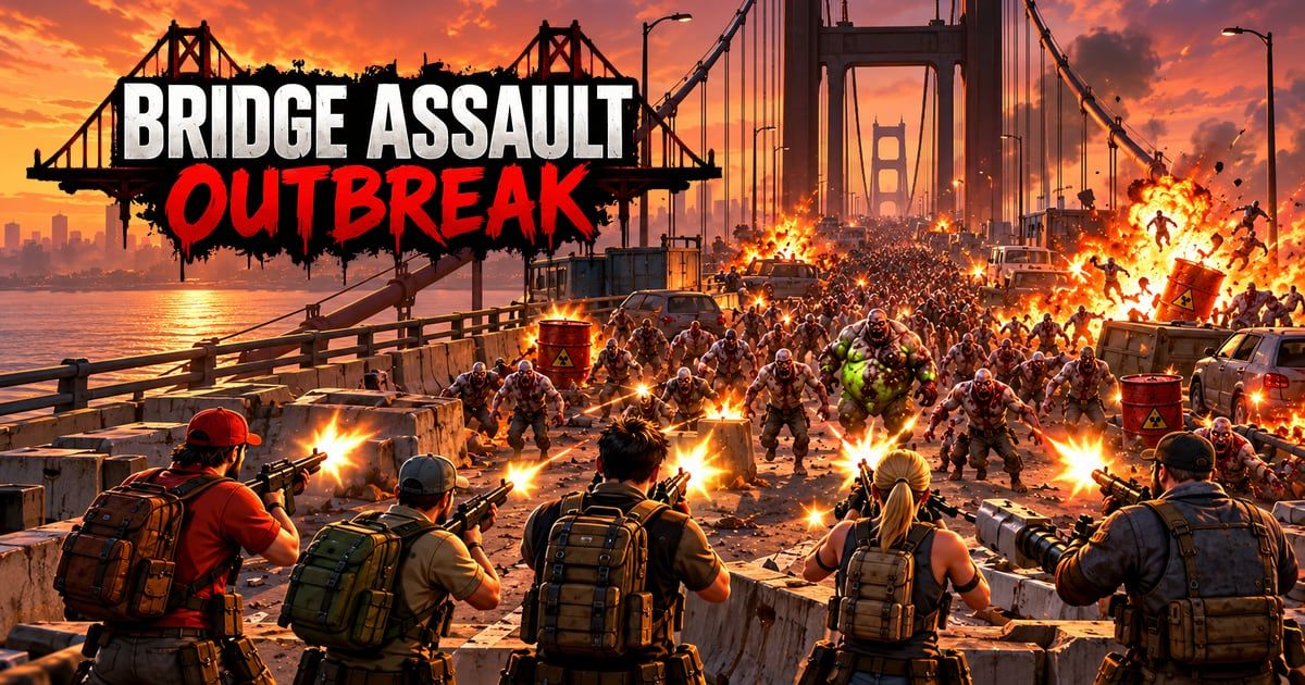 Logotypen Bridge Assault Outbreak över en trupp överlevare på en söndrad bro mot en zombiehord.