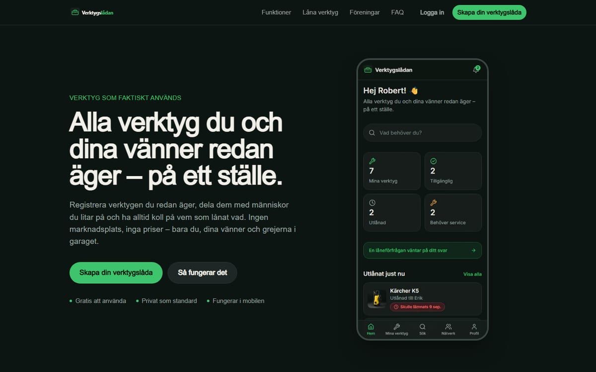 Mörk startsida med rubriken "Alla verktyg du och dina vänner redan äger – på ett ställe" och en mobil som visar översikten med räknare och utlånade verktyg.