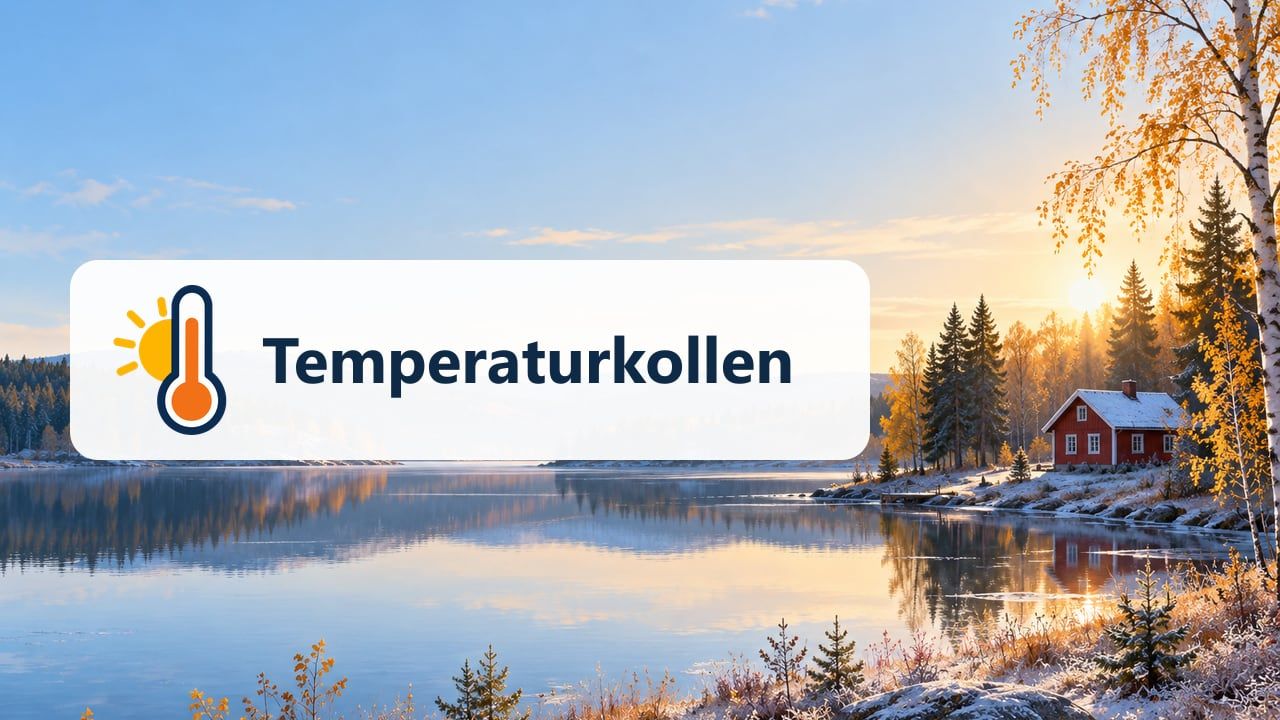 Temperaturkollens logga – en termometer med en uppgående sol – över ett svenskt sjölandskap med granskog, en röd stuga och låg höstsol.