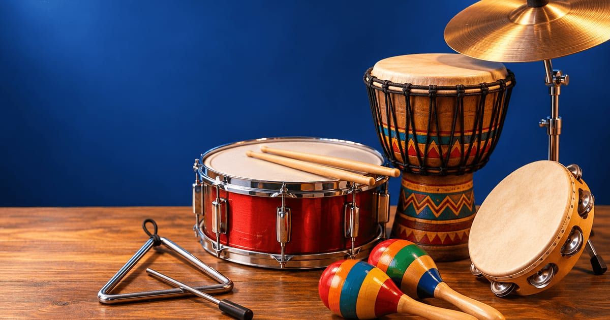 En virveltrumma, en djembe, en cymbal, en triangel, maracas och en tamburin på ett träbord mot blå bakgrund.
